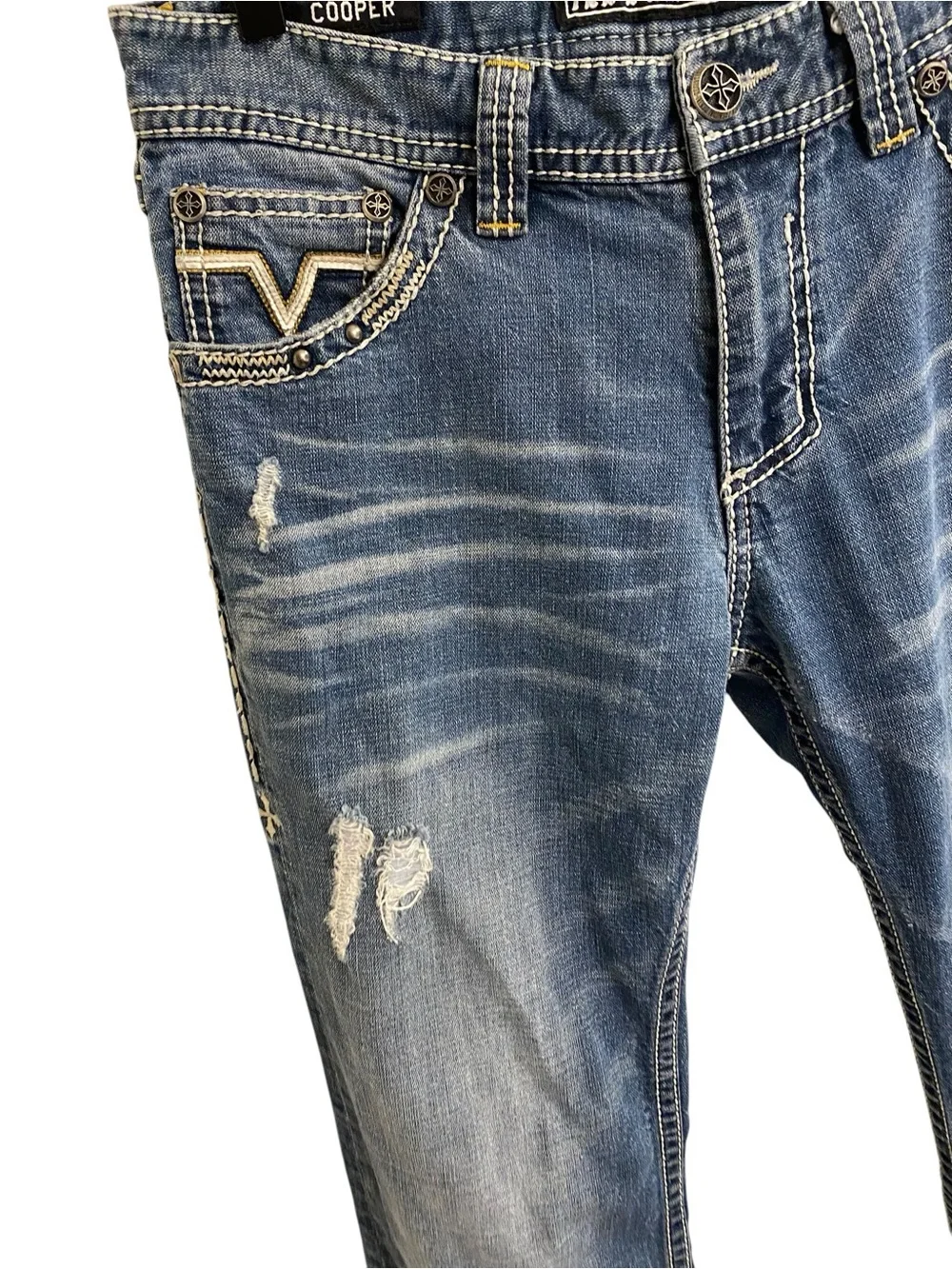 AFFLICTION COOPER JEANS MENS SIZE 30 90’s THICK STITCHING WHISKERED GRUNGE Y2K